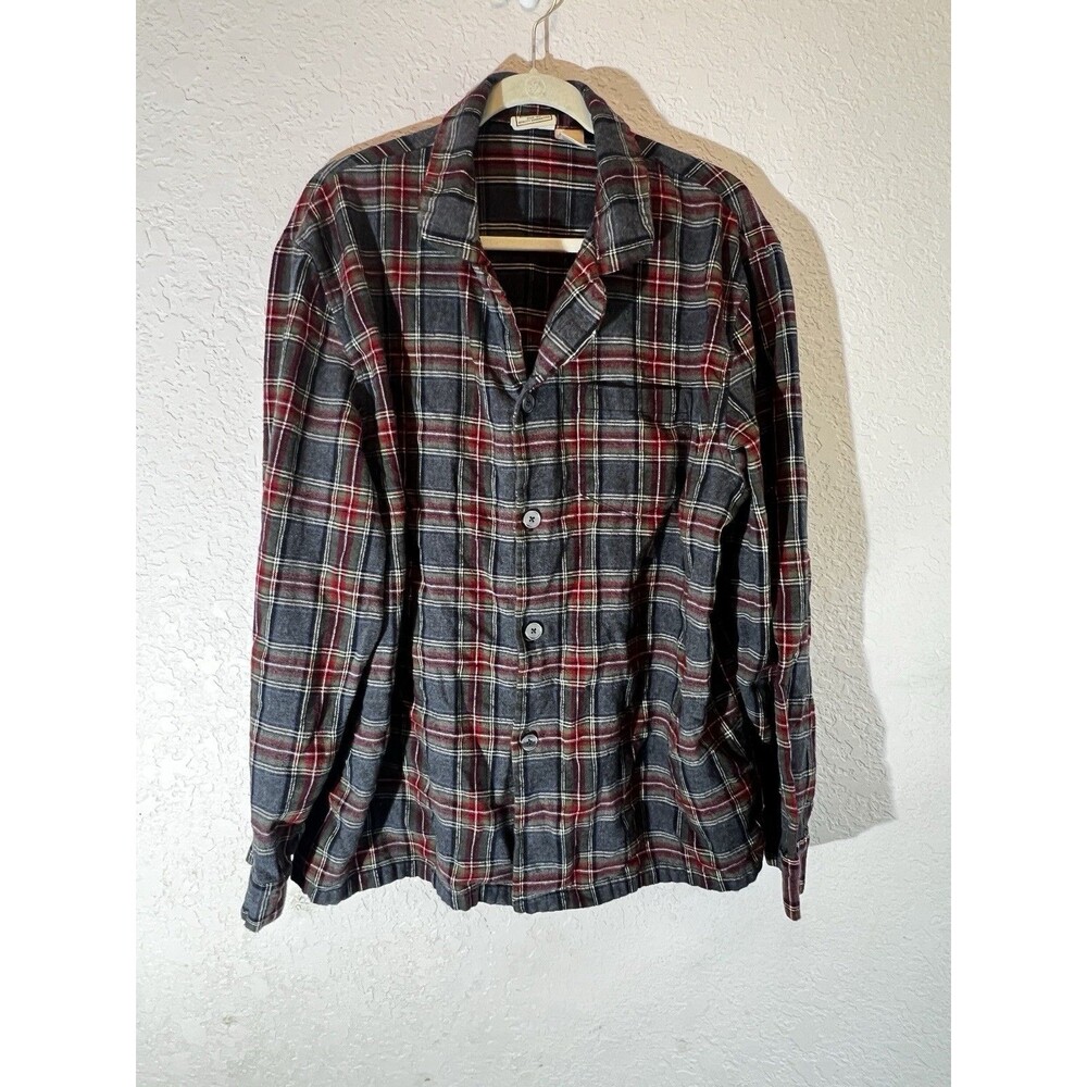 L.L.Bean Plaid Flannel Shirt XL Red Gray Green Cotton Button Up Grunge